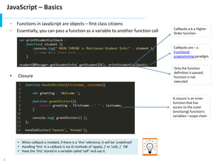 6
JavaScript – Basics
s1
s2
s3
s4
s5
• Functions in JavaScript are objects – first class citizens
• Essentially, you can pass a function as a variable to another function call
• Closure
Callbacks are – a
Functional
programming paradigm
Callbacks a.k.a Higher-
Order function
Only the function
definition is passed;
function is not
executed
A closure is an inner
function that has
access to the outer
(enclosing) function’s
variables—scope chain
• When callback is invoked, if there is a ‘this’ reference; it will be ‘undefined’
• Handling ‘this’ in a callback is via JS methods of ‘apply(..)’ or ‘call(..)’ OR
• Have the ‘this’ stored in a variable called ‘self’ and use it.
 