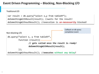 7
Event Driven Programming – Blocking, Non-Blocking I/O
s1
s2
s3
s4
s5
Traditional I/O
Non-blocking I/O
var result = db.query(“select x,y from tableXY”);
doSomethingWithResult(result); //waits for the result!
doSomethingWithoutResult(); //execution is un-necessarily blocked!
db.query(“select x, y from tableXY”,
function (result){
// gets called once the result is ready!
doSomethingWithResult(result);
});
doSomethingWithoutResult(); //executes without any delay!
Callback on db query
completion event
 