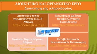 ΔΙΟΙΚΗΤΙΚΟ ΚΑΙ ΟΡΓΑΝΩΤΙΚΟ ΕΡΓΟ
Διακίνηση της πληροφορίας
Δικτυακός τόπος
της Διεύθυνσης Π.Ε. Β΄
Αθήνας
http://www.dipevath.gr
Καινοτόμες Δράσεις
Περιβαλλοντικής
Εκπαίδευσης
http://perivallontikh.eu
Σχολικοί Κήποι Βόρειας
Αθήνας
http://northathensgardens.
blogspot.gr
Περιβαλλοντικές
Εκπαιδευτικές Kαινοτομίες
http://kainotomoume.blogs
pot.gr
 