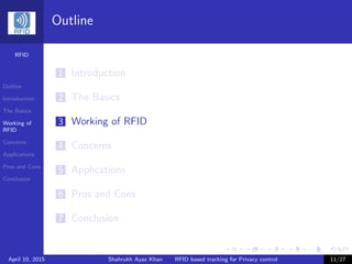 RFID
Outline
Introduction
The Basics
Working of
RFID
Concerns
Applications
Pros and Cons
Conclusion
Outline
1 Introduction
2 The Basics
3 Working of RFID
4 Concerns
5 Applications
6 Pros and Cons
7 Conclusion
April 10, 2015 Shahrukh Ayaz Khan RFID based tracking for Privacy control 11/27
 