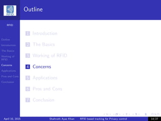 RFID
Outline
Introduction
The Basics
Working of
RFID
Concerns
Applications
Pros and Cons
Conclusion
Outline
1 Introduction
2 The Basics
3 Working of RFID
4 Concerns
5 Applications
6 Pros and Cons
7 Conclusion
April 10, 2015 Shahrukh Ayaz Khan RFID based tracking for Privacy control 14/27
 