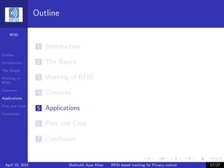 RFID
Outline
Introduction
The Basics
Working of
RFID
Concerns
Applications
Pros and Cons
Conclusion
Outline
1 Introduction
2 The Basics
3 Working of RFID
4 Concerns
5 Applications
6 Pros and Cons
7 Conclusion
April 10, 2015 Shahrukh Ayaz Khan RFID based tracking for Privacy control 17/27
 