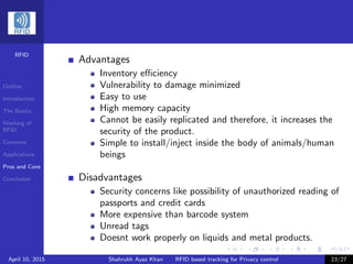 RFID
Outline
Introduction
The Basics
Working of
RFID
Concerns
Applications
Pros and Cons
Conclusion
Advantages
Inventory eﬃciency
Vulnerability to damage minimized
Easy to use
High memory capacity
Cannot be easily replicated and therefore, it increases the
security of the product.
Simple to install/inject inside the body of animals/human
beings
Disadvantages
Security concerns like possibility of unauthorized reading of
passports and credit cards
More expensive than barcode system
Unread tags
Doesnt work properly on liquids and metal products.
April 10, 2015 Shahrukh Ayaz Khan RFID based tracking for Privacy control 23/27
 