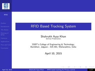 RFID
Outline
Introduction
The Basics
Working of
RFID
Concerns
Applications
Pros and Cons
Conclusion
RFID Based Tracking System
Shahrukh Ayaz Khan
Seminar Presentation
SSBT’s College of Engineering & Technology,
Bambhori, Jalgaon - 425 001, Maharashtra, India
April 10, 2015
April 10, 2015 Shahrukh Ayaz Khan RFID based tracking for Privacy control 1/27
 
