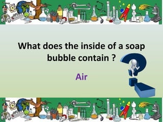What does the inside of a soap
bubble contain ?
Air
 