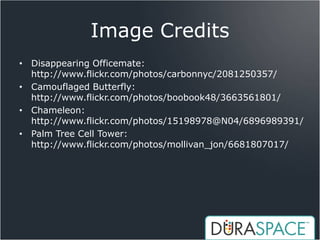 Image Credits
• Disappearing Officemate:
  http://www.flickr.com/photos/carbonnyc/2081250357/
• Camouflaged Butterfly:
  http://www.flickr.com/photos/boobook48/3663561801/
• Chameleon:
  http://www.flickr.com/photos/15198978@N04/6896989391/
• Palm Tree Cell Tower:
  http://www.flickr.com/photos/mollivan_jon/6681807017/
 