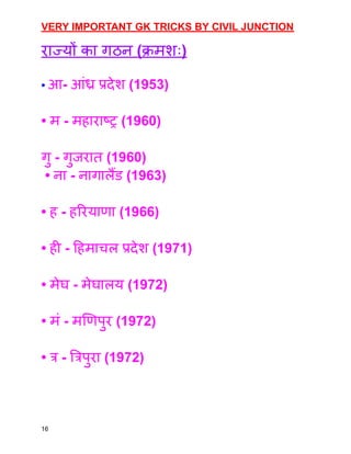 VERY IMPORTANT GK TRICKS BY CIVIL JUNCTION
राज्यों का गठन (क्रमशः)
• आ- आंध्र प्रदेश (1953)
• म - महाराष्ट्र (1960)
गु - गुजरात (1960)
• ना - नागालैंड (1963)
• ह - हरियाणा (1966)
• ही - हिमाचल प्रदेश (1971)
• मेघ - मेघालय (1972)
• मं - मणिपुर (1972)
• त्र - त्रिपुरा (1972)
16
 