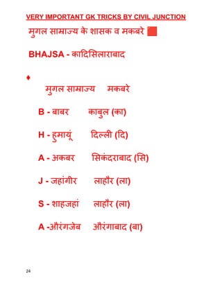 VERY IMPORTANT GK TRICKS BY CIVIL JUNCTION
मुगल साम्राज्य क
े शासक व मकबरे 🟥
BHAJSA - कादिसिलाराबाद
♦
मुगल साम्राज्य मकबरे
B - बाबर काबुल (का)
H - हुमायूं दिल्ली (दि)
A - अकबर सिक
ं दराबाद (सि)
J - जहांगीर लाहौर (ला)
S - शाहजहां लाहौर (ला)
A -औरंगजेब औरंगाबाद (बा)
24
 