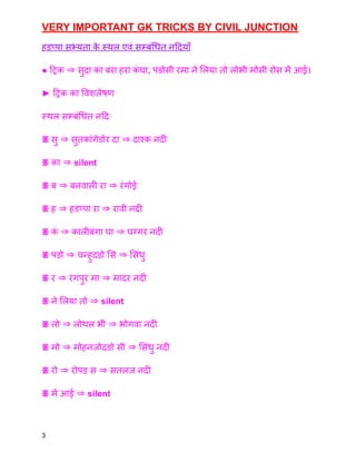 VERY IMPORTANT GK TRICKS BY CIVIL JUNCTION
हडप्पा सभ्यता क
े स्थल एवं सम्बंधित नदियाँ
● ट्रिक ⇒ सुदा का बरा हरा क
ं घा, पङोसी रमा ने लिया तो लोभी मोसी रोस में आई।
► ट्रिक का विशलेषण
स्थल सम्बंधित नदि
፠ सु ⇒ सुतकांगेडोर दा ⇒ दाश्क नदी
፠ का ⇒ silent
፠ ब ⇒ बनवाली रा ⇒ रंगोई
፠ ह ⇒ हडप्पा रा ⇒ रावी नदी
፠ क
ं ⇒ कालीबंगा घा ⇒ घग्गर नदी
፠ पड़ो ⇒ चन्हुदड़ो सि ⇒ सिंधु
፠ र ⇒ रंगपुर मा ⇒ मादर नदी
፠ ने लिया तो ⇒ silent
፠ लो ⇒ लोथल भी ⇒ भोगवा नदी
፠ मो ⇒ मोहनजोदङो सी ⇒ सिंधु नदी
፠ रो ⇒ रोपड़ स ⇒ सतलज नदी
፠ में आई ⇒ silent
3
 