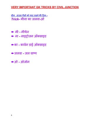 VERY IMPORTANT GK TRICKS BY CIVIL JUNCTION
ग्रीन हाउस गैसों को याद रखने की ट्रिक -
Trick- मीना का जलवा-ओ
➨ मी - मीथेन
➨ ना - नाइट्रोजन ऑक्‍
साइड
➨का - कार्वन डाई ऑक्‍
साइड
➨जलवा - जल वाष्‍
प
➨ओ - ओजोन
4
 