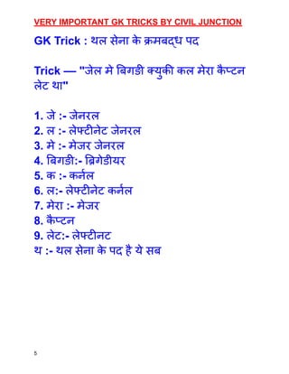 VERY IMPORTANT GK TRICKS BY CIVIL JUNCTION
GK Trick : थल सेना क
े क्रमबद्ध पद
Trick –– "जेल मे बिगङी क्युकी कल मेरा क
ै प्टन
लेट था"
1. जे :- जेनरल
2. ल :- लेफ्टीनेट जेनरल
3. मे :- मेजर जेनरल
4. बिगङी:- ब्रिगेडीयर
5. क :- कर्नल
6. ल:- लेफ्टीनेट कर्नल
7. मेरा :- मेजर
8. क
ै प्टन
9. लेट:- लेफ्टीनट
थ :- थल सेना क
े पद है ये सब
5
 