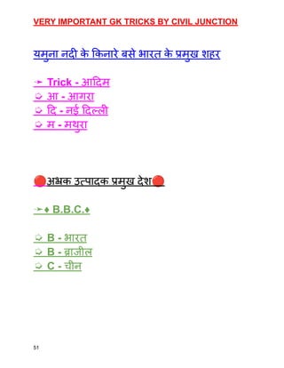 VERY IMPORTANT GK TRICKS BY CIVIL JUNCTION
यमुना नदी क
े किनारे बसे भारत क
े प्रमुख शहर
➛ Trick - आदिम
➭ आ - आगरा
➭ दि - नई दिल्ली
➭ म - मथुरा
🔴अभ्रक उत्पादक प्रमुख देश🔴
➛♦️ B.B.C.♦️
➭ B - भारत
➭ B - ब्राजील
➭ C - चीन
51
 