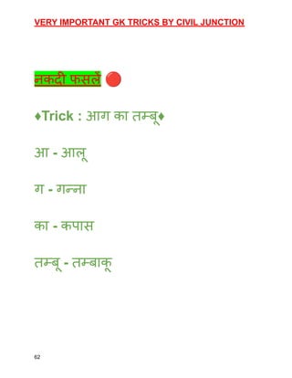 VERY IMPORTANT GK TRICKS BY CIVIL JUNCTION
नकदी फसलें 🔴
♦️Trick : आग का तम्बू♦️
आ - आलू
ग - गन्ना
का - कपास
तम्बू - तम्बाक
ू
62
 