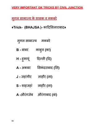 VERY IMPORTANT GK TRICKS BY CIVIL JUNCTION
मुगल साम्राज्य क
े शासक व मकबरे
♦️Trick- (BHAJSA )- कादिसिलाराबाद♦️
मुगल साम्राज्य मकबरे
B - बाबर काबुल (का)
H - हुमायूं दिल्ली (दि)
A - अकबर सिक
ं दराबाद (सि)
J - जहांगीर लाहौर (ला)
S - शाहजहां लाहौर (ला)
A -औरंगजेब औरंगाबाद (बा)
66
 