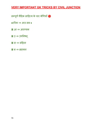 VERY IMPORTANT GK TRICKS BY CIVIL JUNCTION
सम्‍
पूर्ण वैदिक साहित्‍
य क
े चार श्रेणियाँ 🔴
♦️टरिक ⇒ आउ सब ♦️
፠ आ ⇒ आरण्‍
यक
፠ उ ⇒ उपनिषद्
፠ स ⇒ संहिता
፠ ब ⇒ ब्राह्मन
70
 