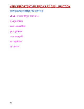 VERY IMPORTANT GK TRICKS BY CIVIL JUNCTION
भारतीय संविधान क
े विदेशी स्त्रोत अमेरिका से
♦️Trick : अ न्याय की पुनः उपमा लो ♦️
अ - मुल अधिकार
न्याय - न्यायपालिका
पुनः - पुर्वालोकन
उप - उपराष्ट्रपति
मा - महाभियोग
लो - लोकतंत्र
79
 
