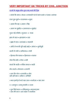 VERY IMPORTANT GK TRICKS BY CIVIL JUNCTION
राज्यो क
े प्रमुख लोक नृत्य याद करने की ट्रिक
• करेले कि कथा = क
े रल = कथकली पंजे में भांग डालो = पंजाब = भांगडा
राजा तुम घुमो = राजस्थान = घूमर
• असम कि बह = असम = बिह
• अरुण क मुखौटा = अरुणाचल = मुखोटा
गुजर गई गरीबी = गुजरात = गरबा
झाड में छाऊ = झारखण्ड = छऊ
• UK में गड़ा = उत्तराखंड = गढ़वाली
• अंधेरे मे कच्ची पूरी खाई खाई = आंधरा = क
ु चीपुड़ी
छतरी मे गाडी = छत्तीसगढ़ = गाडी
• हिम्मत कि धमाल = हिमाचल = धमाल
गोवा कि मंडी = गोवा = मंडी
बंगले कि काठी = पशिम बंगाल = काठी
मेघ लाओ = मेघालय = लावणी
• नाग कि चोच = नागालैंड = चोंग
उड़ी उड़ीं बबा = उडीसा = ओडिसी
• कान (कर्ण) में करो यक्ष ज्ञान = कर्नाटक = यक्ष ज्ञान
= • जम्मुरा = जम्मू कश्मीर = राउफ
• तुम मिले भरत = तमिलनाडु = भरतनाट्यम
• उत्तर की रास = उत्तर प्रदेश = रासलीला
8
 