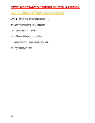 VERY IMPORTANT GK TRICKS BY CIVIL JUNCTION
भारतीय संविधान क
े विदेशी स्त्रोत अन्य देशों से
♦️Trick : निआ आज सद को गफा करू गा। ♦️
नि - नीति निदेशक तत्व, आ - आयरलैण्ड
आ - आपातकाल, ज - जर्मनी
स - संविधान संसोधन, द - द. अफ्रिका
ग - गणतन्त्रात्मक शासन प्रणाली, फा - फ्रांस
क - मूल कर्तव्य, रू - रूस
81
 