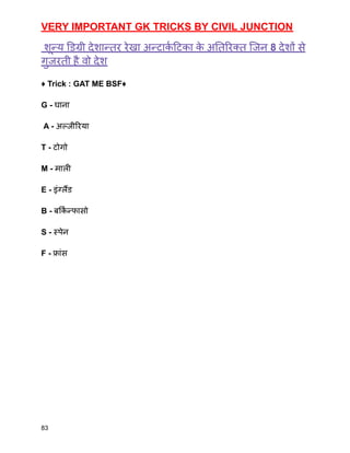 VERY IMPORTANT GK TRICKS BY CIVIL JUNCTION
शून्य डिग्री देशान्तर रेखा अन्टार्क टिका क
े अतिरिक्त जिन 8 देशों से
गुजरती है वो देश
♦️ Trick : GAT ME BSF♦️
G - घाना
A - अल्जीरिया
T - टोगो
M - माली
E - इंग्लैंड
B - बर्कि न्फासो
S - स्पेन
F - फ्रांस
83
 