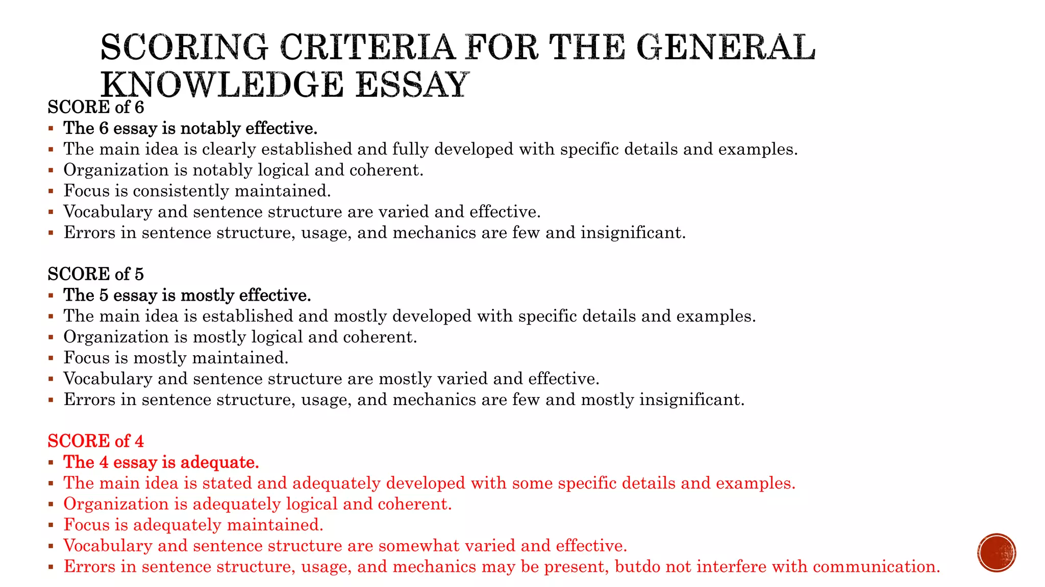 SCORE of 6
 The 6 essay is notably effective.
 The main idea is clearly established and fully developed with specific details and examples.
 Organization is notably logical and coherent.
 Focus is consistently maintained.
 Vocabulary and sentence structure are varied and effective.
 Errors in sentence structure, usage, and mechanics are few and insignificant.
SCORE of 5
 The 5 essay is mostly effective.
 The main idea is established and mostly developed with specific details and examples.
 Organization is mostly logical and coherent.
 Focus is mostly maintained.
 Vocabulary and sentence structure are mostly varied and effective.
 Errors in sentence structure, usage, and mechanics are few and mostly insignificant.
SCORE of 4
 The 4 essay is adequate.
 The main idea is stated and adequately developed with some specific details and examples.
 Organization is adequately logical and coherent.
 Focus is adequately maintained.
 Vocabulary and sentence structure are somewhat varied and effective.
 Errors in sentence structure, usage, and mechanics may be present, butdo not interfere with communication.
 