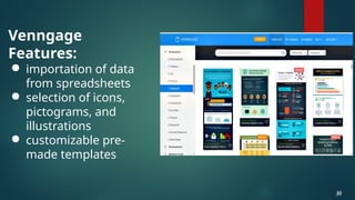 Venngage
Features:
● importation of data
from spreadsheets
● selection of icons,
pictograms, and
illustrations
● customizable pre-
made templates
33
33
 
