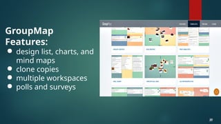 GroupMap
Features:
● design list, charts, and
mind maps
● clone copies
● multiple workspaces
● polls and surveys
39
39
 