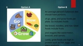 6
Option A Option B
2.
An average person’s balanced diet
should have portions
of go, glow, and grow foods per
plate. Go includes foods
like bread, noodles, and rice. Glow
foods include fruits
and veggies like watermelon,
broccoli, and carrots.
Lastly, grow foods are high in
protein such as fish, eggs, and
 