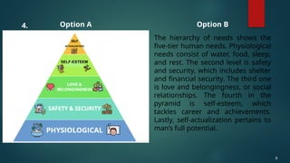 8
Option A Option B
4.
The hierarchy of needs shows the
five-tier human needs. Physiological
needs consist of water, food, sleep,
and rest. The second level is safety
and security, which includes shelter
and financial security. The third one
is love and belongingness, or social
relationships. The fourth in the
pyramid is self-esteem, which
tackles career and achievements.
Lastly, self-actualization pertains to
man’s full potential.
 