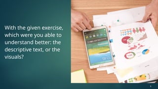 With the given exercise,
which were you able to
understand better: the
descriptive text, or the
visuals?
9
 