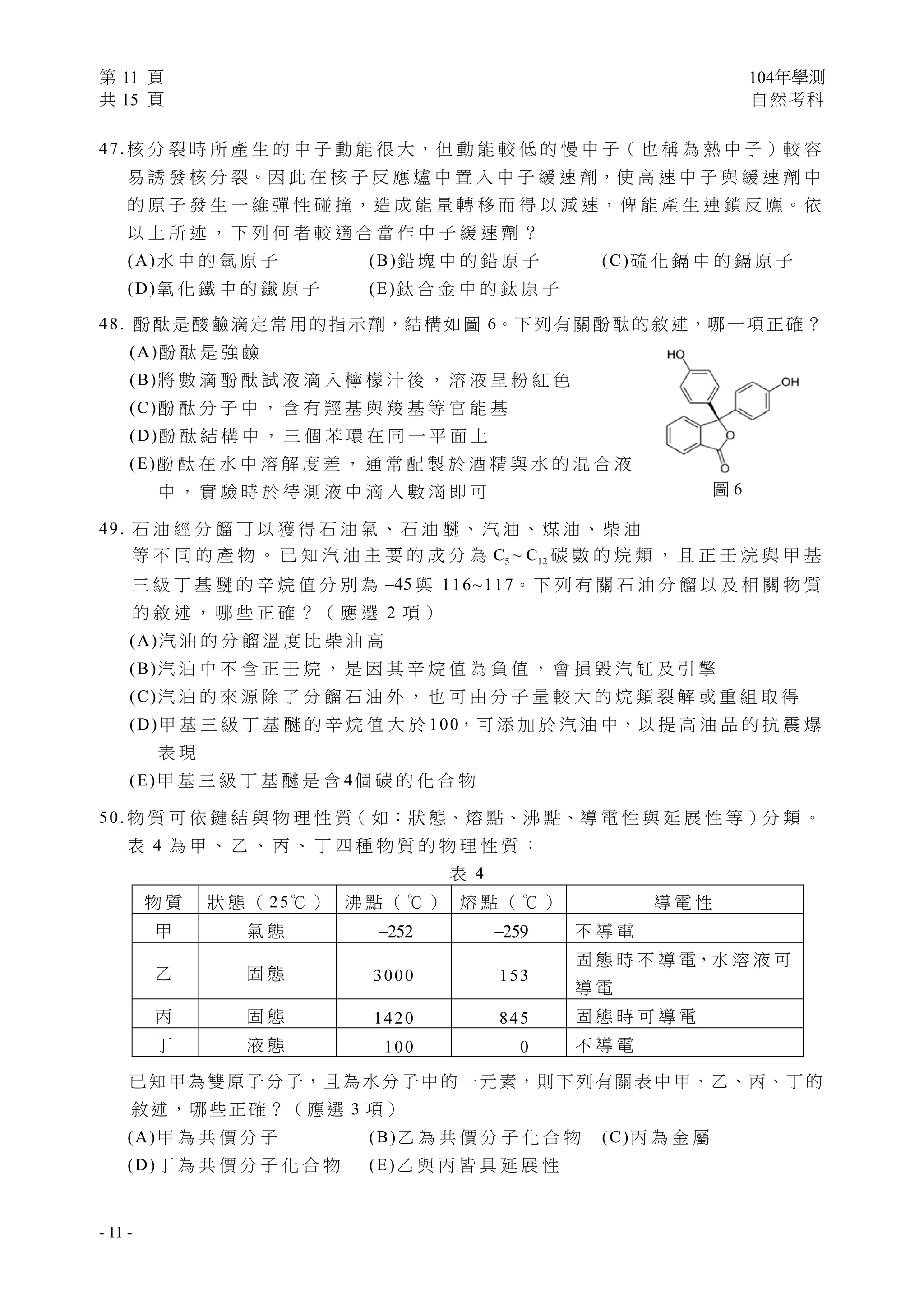 第 11 頁 104年學測
共 15 頁 自然考科
 
- 11 -
47. 核 分 裂 時 所 產 生 的 中 子 動 能 很 大，但 動 能 較 低 的 慢 中 子（ 也 稱 為 熱 中 子 ）較 容
易 誘 發 核 分 裂。因 此 在 核 子 反 應 爐 中 置 入 中 子 緩 速 劑，使 高 速 中 子 與 緩 速 劑 中
的 原 子 發 生 一 維 彈 性 碰 撞，造 成 能 量 轉 移 而 得 以 減 速，俾 能 產 生 連 鎖 反 應。依
以 上 所 述 ， 下 列 何 者 較 適 合 當 作 中 子 緩 速 劑 ？
(A)水 中 的 氫 原 子 (B)鉛 塊 中 的 鉛 原 子 (C)硫 化 鎘 中 的 鎘 原 子
(D)氧 化 鐵 中 的 鐵 原 子 (E)鈦 合 金 中 的 鈦 原 子
48. 酚酞是酸鹼滴定常用的指示劑，結構如圖 6。下列有關酚酞的敘述，哪一項正確？
(A)酚 酞 是 強 鹼
(B)將 數 滴 酚 酞 試 液 滴 入 檸 檬 汁 後 ， 溶 液 呈 粉 紅 色
(C)酚 酞 分 子 中 ， 含 有 羥 基 與 羧 基 等 官 能 基
(D)酚 酞 結 構 中 ， 三 個 苯 環 在 同 一 平 面 上
(E)酚 酞 在 水 中 溶 解 度 差 ， 通 常 配 製 於 酒 精 與 水 的 混 合 液
中 ， 實 驗 時 於 待 測 液 中 滴 入 數 滴 即 可
49. 石 油 經 分 餾 可 以 獲 得 石 油 氣 、 石 油 醚 、 汽 油 、 煤 油 、 柴 油
等 不 同 的 產 物 。 已 知 汽 油 主 要 的 成 分 為 5C ~ 12C 碳 數 的 烷 類 ， 且 正 壬 烷 與 甲 基
三 級 丁 基 醚 的 辛 烷 值 分 別 為 45 與 116~117。 下 列 有 關 石 油 分 餾 以 及 相 關 物 質
的 敘 述 ， 哪 些 正 確 ？ （ 應 選 2 項 ）
(A)汽 油 的 分 餾 溫 度 比 柴 油 高
(B)汽 油 中 不 含 正 壬 烷 ， 是 因 其 辛 烷 值 為 負 值 ， 會 損 毀 汽 缸 及 引 擎
(C)汽 油 的 來 源 除 了 分 餾 石 油 外 ， 也 可 由 分 子 量 較 大 的 烷 類 裂 解 或 重 組 取 得
(D)甲 基 三 級 丁 基 醚 的 辛 烷 值 大 於 100，可 添 加 於 汽 油 中，以 提 高 油 品 的 抗 震 爆
表 現
(E)甲 基 三 級 丁 基 醚 是 含 4個 碳 的 化 合 物
50. 物 質 可 依 鍵 結 與 物 理 性 質（ 如：狀 態、熔 點、沸 點、導 電 性 與 延 展 性 等 ）分 類 。
表 4 為 甲 、 乙 、 丙 、 丁 四 種 物 質 的 物 理 性 質 ：
表 4
物 質 狀 態 （ 25℃ ） 沸 點 （ ℃ ） 熔 點 （ ℃ ） 導 電 性
甲 氣 態 252 259 不 導 電
乙 固 態 3000 153
固 態 時 不 導 電，水 溶 液 可
導 電
丙 固 態 1420 845 固 態 時 可 導 電
丁 液 態 100 0 不 導 電
已知甲為雙原子分子，且為水分子中的一元素，則下列有關表中甲、乙、丙、丁的
敘述，哪些正確？（應選 3 項）
(A)甲 為 共 價 分 子 (B)乙 為 共 價 分 子 化 合 物 (C)丙 為 金 屬
(D)丁 為 共 價 分 子 化 合 物 (E)乙 與 丙 皆 具 延 展 性
圖 6 
 