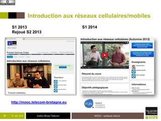 Introduction aux réseaux cellulaires/mobiles 
S1 2013 
Rejoué S2 2013 
http://mooc.telecom-bretagne.eu 
27 18 - déc -2014 Institut Mines-Télécom 
MOOC - quelques retours 
S1 2014 
 