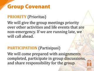 PRIORITY (Prioritas)
We will give the group meetings priority
over other activities and life events that are
non-emergency. If we are running late, we
will call ahead.
PARTICIPATION (Partisipasi)
We will come prepared with assignments
completed, participate in group discussions,
and share responsibility for the group.
 
