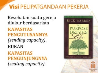 Kesehatan suatu gereja
diukur berdasarkan
KAPASITAS
PENGUTUSANNYA
(sending capacity),
BUKAN
KAPASITAS
PENGUNJUNGNYA
(seating capacity).
 