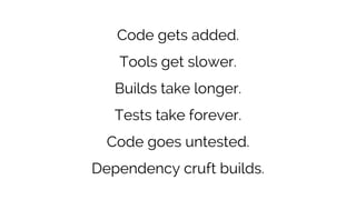 Code gets added.
Tools get slower.
Builds take longer.
Tests take forever.
Code goes untested.
Dependency cruft builds.
 