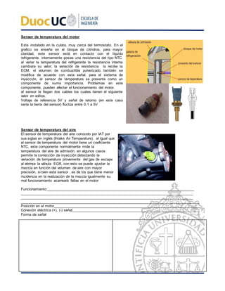 Sensor de temperatura del motor
Esta instalado en la culata, muy cerca del termostato. En el
grafico se enseña en el bloque de cilindros, para mayor
claridad, este sensor está en contacto con el líquido
refrigerante. internamente posee una resistencia del tipo NTC.
al variar la temperatura del refrigerante la resistencia interna
cambiara su valor; la variación de resistencia la recibe la
ECM. el volumen de combustible pulverizado también se
modifica de acuerdo con esta señal. para el sistema de
inyección, el sensor de temperatura se presenta como un
componente de suma importancia. Problemas en este
componente, pueden afectar el funcionamiento del motor.
al sensor le llegan dos cables los cuales tienen el siguiente
valor en voltios.
Voltaje de referencia 5V y señal de retorno (en este caso
sería la tierra del sensor) fluctúa entre 0.1 a 5V
Sensor de temperatura del aire
El sensor de temperatura del aire conocido por IAT por
sus siglas en inglés (Intake Air Temperature). al igual que
el sensor de temperatura del motor tiene un coeficiente
NTC, este componente normalmente mide la
temperatura del aire de admisión. en algunos casos
permite la corrección de inyección detectando la
variación de temperatura proveniente del gas de escape
al abrirse la válvula EGR, con esto se puede ajustar la
mezcla en función del volumen de aire con mayor
precisión, si bien este sensor , es de los que tiene menor
incidencia en la realización de la mezcla igualmente su
mal funcionamiento acarreará fallas en el motor
Funcionamiento:____________________________________________________________________________
_________________________________________________________________________________________
_________________________________________________________________________________________
________________________________________________________________________________________
Posición en el motor________________________________________________________________________
Conexión eléctrica (+), (-) señal_______________________________________________________________
Forma de señal
 