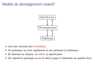 Modèle de développement évolutif
Validation
Développement
Spéciﬁcation
Ces trois activités sont entrelacées.
Un prototype est écrit rapidement et est confronté à l’utilisateur.
En fonction du résultat, on raﬃne la spéciﬁcation.
On reprend le prototype ou on le réécrit jusqu’à l’obtention du système ﬁnal.
 