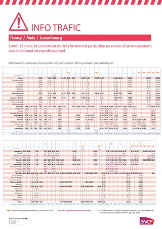 ter.sncf.com/grand-est
0 805 415 415
(service & appel gratuits)
ou autre appli de mobilité
Nancy / Metz / Luxembourg
Lundi 13 mars, la circulation est très fortement perturbée en raison d'un mouvement
social national interprofessionnel.
Retrouvez ci-dessous l'ensemble des circulations de la journée sur votre ligne :
INFO TRAFIC
c Substitution routière assurée par car travaux SNCF O Arrêts supplémentaires exceptionnels f Circulera avec un retard de quelques minutes pour permettre une
correspondance exceptionnelle en gare de Metz
c c c c c c c
En provenance de Luné-
ville
Nancy 5.58 6.28 7.03 8.20 8.39 8.51 11.20 11.28 12.39 14.50 16.26 16.50 18.58 20.28 22.37
Champigneulles 6.03 6.33 | | | | | | | | | | 19.03 20.43 22.52
Frouard 6.06 6.36 | | | | | 11.35 | | 16.33 | 19.06 20.49 22.58
Pompey 6.09 6.39 | | | | | 11.38 | | 16.36 | 19.09 20.54 23.03
Marbache 6.13 | | | | | | | | | 16.40 | 19.13 21.00 23.09
Belleville | | | | | | | 11.43 | | 16.44 | | | 23.14
Dieulouard 6.18 6.46 | | | | | 11.47 | | 16.48 | 19.18 21.11 23.21
Pont-à-Mousson 6.23 6.52 7.22 8.37 9.12 9.08 11.37 11.53 13.12 15.07 16.54 17.07 19.23 21.21 23.31
Vandières | 6.56 | | | | | 11.57 | | 16.59 | | 21.33 23.43
Pagny-sur-Moselle 6.30 7.01 7.29 8.45 | 9.15 11.45 12.02 | 15.15 17.03 17.15 19.30 21.40 23.50
Novéant-sur-Moselle 6.35 7.05 | | | | | 12.06 | | 17.08 | 19.34 21.49 23.59
Ancy-sur-Moselle 6.38 7.09 | | | | | 12.10 | | | | 19.38 21.53 0.03
Ars-sur-Moselle 6.41 7.12 | | | | | 12.13 | | 17.13 | 19.41 21.58 0.08
Metz-Ville 6.04 6.29 6.43 7.00 7.13 7.30 7.45 8.47 9.04 | 9.32 10.29 12.01 12.30 13.30 | 15.45 16.16 17.09 17.29 17.32 18.42 19.51 20.32 22.14 22.46 0.24
Metz-Nord 6.08 | 6.47 | 7.17 | 8.52 | | | | | 15.50 16.20 17.14 | 18.47 | |
Woippy 6.10 | 6.50 | 7.20 | 8.55 | | | | | 15.52 16.22 17.18 | 18.49 | 23.01
Maizières-lès-Metz 6.15 | 6.56 | 7.26 | 9.02 | | | | | 15.58 16.28 17.25 | 18.57 | 23.15
Hagondange 6.20 6.41 7.00 7.11 7.30 7.41 9.07 | 10.42 12.42 13.42 | 16.02 16.32 17.31 17.44 19.03 20.43 23.25
Uckange 6.25 6.46 7.06 7.16 7.36 7.46 9.13 | 10.48 12.47 13.48 | 16.07 16.38 17.36 17.49 19.08 20.48 23.34
Thionville 6.32 6.53 7.15 7.23 7.46 7.53 9.22 | 10.54 12.54 13.53 | 16.15 16.47 17.45 17.55 19.15 20.55 21.24 22.06 23.46
Hettange-Grande 6.39 | 7.22 | 7.53 | 9.29 | | | | 16.23 16.54 17.52 | 19.23 | 21.36 | 23.58
Bettembourg 6.52 7.11 7.35 7.41 8.05 8.11 9.41 | 11.11 13.11 | 16.35 17.08 18.05 18.11 19.35 21.11 22.00 22.42 0.22
Howald | 7.18 | 7.48 | 8.18 9.48 | 11.18 13.18 | | | | 18.18 | 21.18 | 22.58 |
Luxembourg 7.03 7.22 7.45 7.52 8.15 8.22 9.52 | 11.22 13.22 | 16.45 17.17 18.15 18.22 19.45 21.22 22.16 23.09 0.37
À destination de Long-
wy
Long-
wy
Numéro de circulation 88708 88710 88712 88501 88714 88503 835190 88722 837519 429249 837523 88730 837533 88509 88511 429069 88515 88746 88756 88576 837555 88768 837575 88776 429778 429680 429587 429147 429095
O O O O f
c c c c c c c c
En provenance de Long-
wy
Long-
wy
Luxembourg 5.16 5.46 7.09 7.39 8.09 8.16 8.39 12.09 | 16.39 | 17.16 17.28 17.46 18.28 18.39 21.09 20.59 22.09 21.59 22.39
Howald | | 7.13 7.43 8.13 | 8.43 12.13 | 16.43 | | | | | 18.43 | | | | 22.50
Bettembourg 5.26 5.56 7.21 7.51 8.21 8.26 8.51 12.21 | 16.51 | 17.26 17.39 17.56 18.40 18.51 | 21.18 | 22.18 23.05
Hettange-Grande 5.35 6.05 | | | 8.35 | 12.30 | | | 17.34 17.48 18.05 18.49 | | 21.42 | 22.42 23.29
Thionville 5.48 6.16 7.37 8.07 8.37 8.47 9.08 10.03 12.38 14.03 | 17.08 | 17.47 17.58 18.18 19.01 19.08 21.54 21.54 22.54 22.54 23.41
Uckange 5.53 6.21 7.43 8.13 8.43 8.53 9.13 10.10 | | | 17.13 | 17.53 18.05 18.24 19.08 19.14 22.06 22.06 |
Hagondange 5.58 6.26 7.48 8.18 8.48 8.59 9.18 10.15 12.47 14.15 | 17.18 | 17.59 18.11 18.29 19.14 19.19 22.15 22.15 |
Maizières-lès-Metz 6.02 6.30 | 8.23 | 9.03 | | | | | | | 18.03 18.15 18.33 | | | | |
Woippy 6.07 6.35 | 8.30 | 9.09 | | | | | | | 18.08 18.25 18.39 | | | | |
Metz-Nord 6.10 6.38 | 8.34 | 9.12 | | | | | | | 18.11 18.27 18.42 | | | | |
Metz-Ville 6.14 6.42 6.58 8.05 8.30 8.39 8.59 9.17 9.30 10.30 11.28 12.59 13.01 14.29 | 14.58 16.29 17.30 | 17.39 18.16 18.32 18.47 19.26 19.31 20.35 22.41 22.41 22.25 0.16
Ars-sur-Moselle | 8.13 | | | | | | | | 17.46 20.44 22.41
Ancy-sur-Moselle | 8.16 | | | | | | | | 17.49 20.47 22.46
Novéant-sur-Moselle | 8.19 | | | | | | | | 17.53 20.50 22.50
Pagny-sur-Moselle 7.15 8.27 8.46 10.46 11.44 13.15 | 15.15 16.45 | 18.01 20.59 22.59
Vandières | | | | | | | | | | 18.05 21.02 23.06
Pont-à-Mousson 7.22 8.35 8.53 10.53 11.52 13.23 14.52 15.23 16.53 16.52 18.10 21.07 23.18
Dieulouard | 8.40 | | | | | | | | 18.15 21.13 23.28
Belleville | | | | | | | | | | 18.19 21.17 23.35
Marbache | 8.45 | | | | | | | | | | 23.40
Pompey | 8.49 | | | | | | | | 18.25 21.22 23.46
Frouard | 8.53 | | | | | | | | 18.28 21.26 23.51
Champigneulles | | | | | | | | | | | | 23.57
Nancy 7.40 9.02 9.10 11.10 12.10 13.40 15.25 15.40 17.10 17.25 18.35 21.32 0.12
Numéro de circulation 88701 88703 837695 88622 837524 88713 88717 88719 88721 88520 837536 837542 88727 88519 429074 837548 837558 88747 429250 837566 88753 88811 88755 88815 88761 837584 429777 429677 429086 429141 429143 429783
 