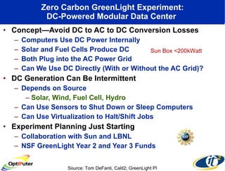 Zero Carbon GreenLight Experiment: DC-Powered Modular Data Center  Concept—Avoid DC to AC to DC Conversion Losses Computers Use DC Power Internally Solar and Fuel Cells Produce DC Both Plug into the AC Power Grid Can We Use DC Directly (With or Without the AC Grid)? DC Generation Can Be Intermittent  Depends on Source  Solar, Wind, Fuel Cell, Hydro Can Use Sensors to Shut Down or Sleep Computers Can Use Virtualization to Halt/Shift Jobs Experiment Planning Just Starting Collaboration with Sun and LBNL NSF GreenLight Year 2 and Year 3 Funds  Source: Tom DeFanti, Calit2; GreenLight PI Sun Box <200kWatt 