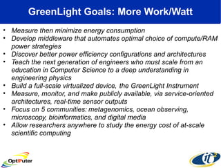 GreenLight Goals: More Work/Watt Measure then minimize energy consumption Develop middleware that automates optimal choice of compute/RAM power strategies Discover better power efficiency configurations and architectures  Teach the next generation of engineers who must scale from an education in Computer Science to a deep understanding in engineering physics Build a full-scale virtualized device,   the GreenLight Instrument Measure, monitor, and make publicly available, via service-oriented architectures, real-time sensor outputs Focus on 5 communities: metagenomics, ocean observing, microscopy, bioinformatics, and digital media Allow researchers anywhere to study the energy cost of at-scale scientific computing 