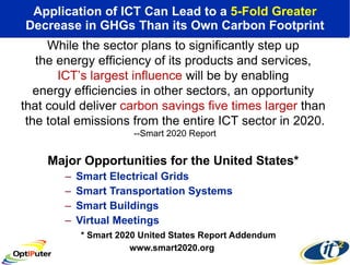 Application of ICT Can Lead to a  5-Fold Greater Decrease in GHGs Than its Own Carbon Footprint Major Opportunities for the United States* Smart Electrical Grids Smart Transportation Systems Smart Buildings Virtual Meetings * Smart 2020 United States Report Addendum www.smart2020.org While the sector plans to significantly step up  the energy efficiency of its products and services,  ICT’s largest influence  will be by enabling  energy efficiencies in other sectors, an opportunity  that could deliver  carbon savings five times larger  than  the total emissions from the entire ICT sector in 2020. --Smart 2020 Report 