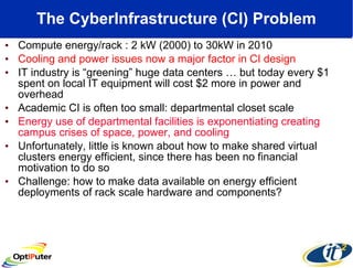 The CyberInfrastructure (CI) Problem Compute energy/rack : 2 kW (2000) to 30kW in 2010 Cooling and power issues now a major factor in CI design IT industry is “greening” huge data centers … but today every $1 spent on local IT equipment will cost $2 more in power and overhead Academic  CI is often too small: departmental closet scale Energy use of departmental facilities is exponentiating creating campus crises of space, power, and cooling Unfortunately, little is known about how to make shared virtual clusters energy efficient, since there has been no financial motivation to do so Challenge: how to make data available on energy efficient deployments of rack scale hardware and components? 