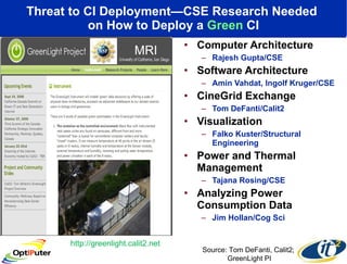 Threat to CI Deployment—CSE Research Needed  on How to Deploy a  Green  CI Computer Architecture  Rajesh Gupta/CSE Software Architecture  Amin Vahdat, Ingolf Kruger/CSE CineGrid Exchange  Tom DeFanti/Calit2 Visualization  Falko Kuster/Structural Engineering Power and Thermal Management  Tajana Rosing/CSE Analyzing Power Consumption Data  Jim Hollan/Cog Sci http://greenlight.calit2.net MRI Source: Tom DeFanti, Calit2;  GreenLight PI 