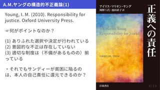 Young,I.M.(2010).Responsibilityfor
justice.OxfordUniversityPress.
☞何がポイントなのか？
(1)ありふれた選択や決定が行われている
(2)意図的な不正は存在していない
(3)適切...