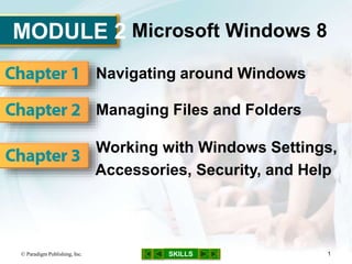 MODULE 2
SKILLS
Microsoft Windows 8
Navigating around Windows
Managing Files and Folders
Working with Windows Settings,
Accessories, Security, and Help
© Paradigm Publishing, Inc. 1
 
