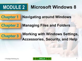 MODULE 2
SKILLS
Microsoft Windows 8
Navigating around Windows
Managing Files and Folders
Working with Windows Settings,
Accessories, Security, and Help
© Paradigm Publishing, Inc. 1
 