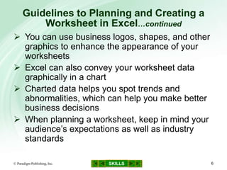 SKILLS
Guidelines to Planning and Creating a
Worksheet in Excel…continued
© Paradigm Publishing, Inc. 6
 You can use business logos, shapes, and other
graphics to enhance the appearance of your
worksheets
 Excel can also convey your worksheet data
graphically in a chart
 Charted data helps you spot trends and
abnormalities, which can help you make better
business decisions
 When planning a worksheet, keep in mind your
audience’s expectations as well as industry
standards
 