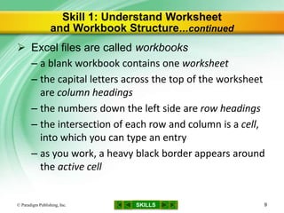 SKILLS
Skill 1: Understand Worksheet
and Workbook Structure…continued
 Excel files are called workbooks
– a blank workbook contains one worksheet
– the capital letters across the top of the worksheet
are column headings
– the numbers down the left side are row headings
– the intersection of each row and column is a cell,
into which you can type an entry
– as you work, a heavy black border appears around
the active cell
© Paradigm Publishing, Inc. 9
 