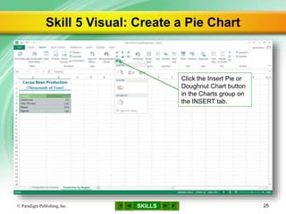 SKILLS
Skill 5 Visual: Create a Pie Chart
© Paradigm Publishing, Inc. 25
Click the Insert Pie or
Doughnut Chart button
in the Charts group on
the INSERT tab.
 