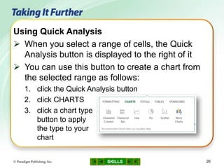 SKILLS© Paradigm Publishing, Inc. 26
Using Quick Analysis
 When you select a range of cells, the Quick
Analysis button is displayed to the right of it
 You can use this button to create a chart from
the selected range as follows:
1. click the Quick Analysis button
2. click CHARTS
3. click a chart type
button to apply
the type to your
chart
 