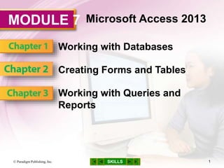 MODULE 7
SKILLS
Microsoft Access 2013
Working with Databases
Creating Forms and Tables
Working with Queries and
Reports
© Paradigm Publishing, Inc. 1
 